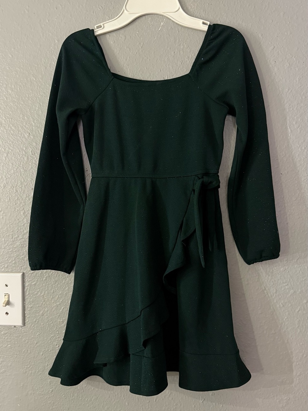 Long Sleeve Ruffle Wrap Dress in Deep Green
